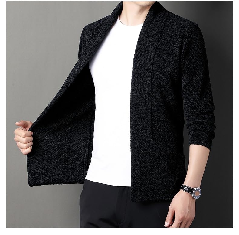 Gilets Maille Cascade Ouverts sur Le Devant pour Hommes, Veste Courte Marron en Chenille À Col Châle Et Manches Longues, avec Poches, Manteau d'hiver Chaud Et Confortable.