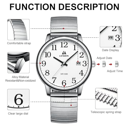 LN LENQIN Mens Watches Analog Quartz Watches for Men Stainless Steel Waterproof Men's Wrist Watch Easy Reader 38 mm Expansion Band - Image 5