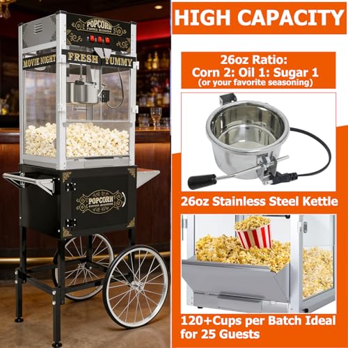 Image of Commercial Popcorn Machine with Cart & Wheels - 26OZ Stainless Steel Kettle Vintage-Style Popper with Tempered Glass Pop corn Machine Maker for Home, Parties, Movie Theater, Black