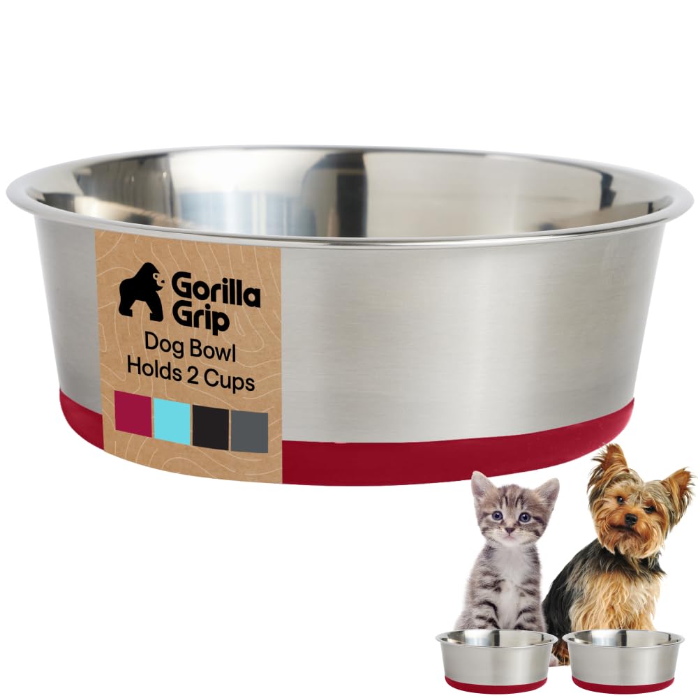 GORILLA GRIP Dog Bowl, Food Grade Stainless Steel Water Bowls, 2 Cup Red