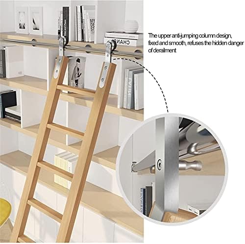 Stainless Steel Rolling Library Ladder Hardware Kit - Mobile Sliding Barn Door Track Accessories - Round Tube with Floor Rollers - No Ladder Required - Durable & Easy to Install