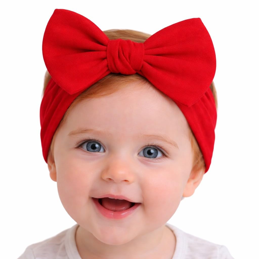 Baby Girl Headbands 0–6 Months – Newborn Infant Soft Cotton Handmade Bow Headband, Stretchy No Mark Baby Hair Accessories (Red, 0-6 Month)