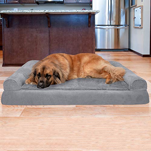 Image of Furhaven Orthopedic Dog Bed for Large Dogs w / Removable Bolsters & Washable Cover, For Dogs Up to 125 lbs - Plush & Suede Sofa - Gray, Jumbo Plus /XXL