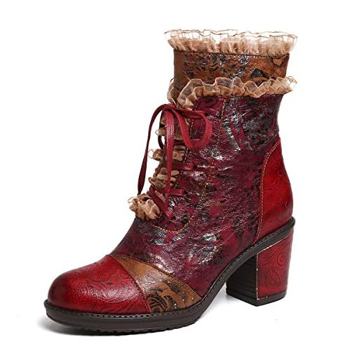 gracosy Botines Mujer Chelsea Botas Cuero Bajo Bloque Tacón Botas Invierno Retro Bohemio Nieve Botas Antideslizante Empalme Estilo Cremallera