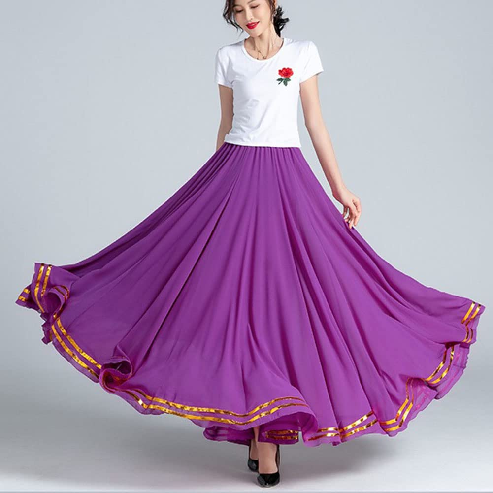 GUOCU Femme A-Ligne Jupon Long Jupe Brillante en Mousseline de Soie Square Dance Maxi Danseuse de Ballet Jupe Performance Flamenco Tribal Training Danse du Ventre
