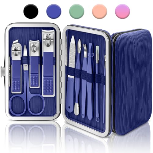 BLESWIN Manicure Set, 10 in 1 Professional Manicure and Pedicure Kit, Nail Care Kit for Women, Mens Nail Grooming Kit, Portable Nail Clipper Set Blue Leather Case for Travel Home