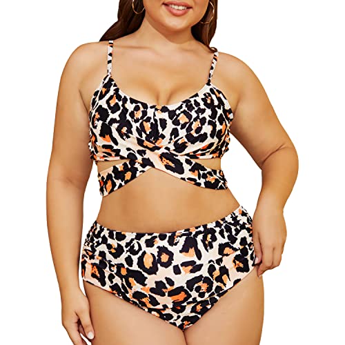 DamonLight Women's Plus Size Two Piece Bikini Swimsuit High Waisted Bottom Strappy Bathing Suit Swimwear, 4XL