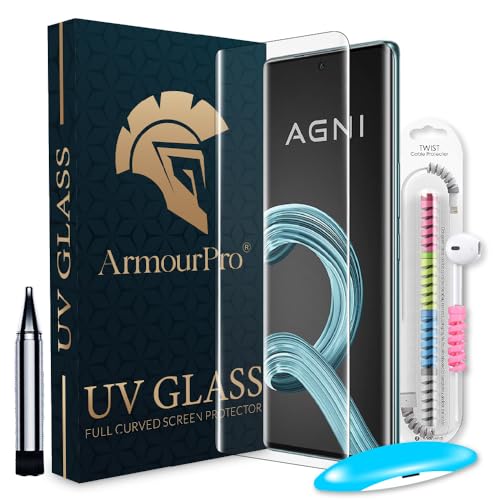 Image of ArmourPro UV Glue Tempered Glass for Lava Agni 3, Lava Agni 2 Curved Screen Protector, 9H Anti Scratch, Edge-to-Edge Coverage, HD Clarity, Easy UV Kit with Cable Protector