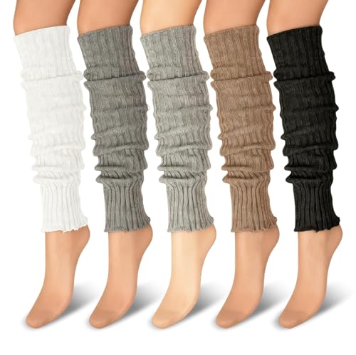 MOAZIFI 5 Paar Stulpen Damen Stulpensocken Damen Leg Warmers Beinstulpen für Farben Milchweiß Schwarz Grau Khaki Dunkelgrau Warmes Gestrick für Herbst Winter Alltag Yoga Tanz und Stiefel Kombination