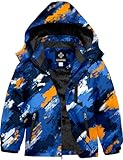 GEMYSE Jungen Skijacke Wasserdichte Winterjacke Warm Gefütterte Kinder Winddichte Schneejacke mit Kapuze für Aktivitäten im Freien(Blau-oranger Druck,160-168)