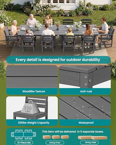 Image of SERWALL Outdoor Dining Sets for 10 Person, HDPE Dining Set with 2 Tables, 8 Armless Chairs and 2 Armed Dining Chairs, Gray
