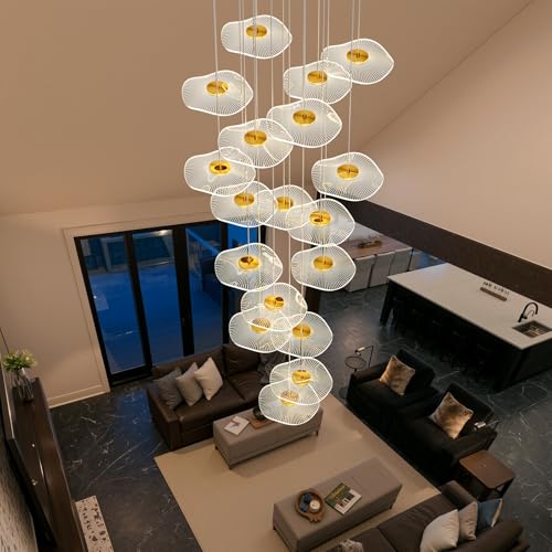 Image of ziidoo High Ceiling Chandelier - 38-Light Dimmable Modern Gold Long Spiral Luxury Linear Lotus Leaf Led Lamp Hanging Pendant Lights for Foyer Enterway Staircase Villas