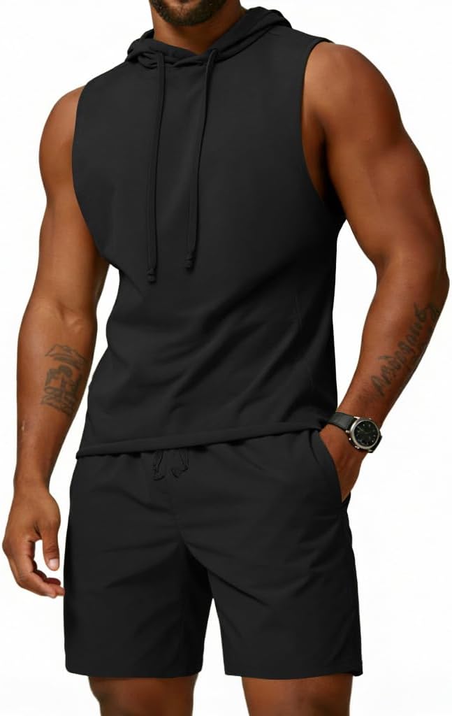 Lexiart Men's Short Sleeve Tracksuit Fashion Summer 2 Piece Outfits Hooded Tank Tops Workout Tracksuit Set