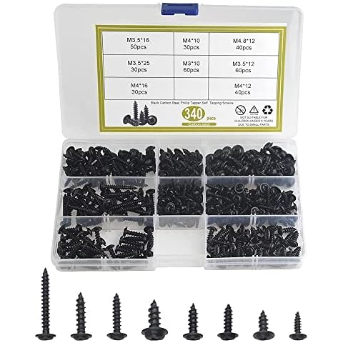BGTXINGI 340Pcs 8 Kinds M3 M3.5 M4 M4.8 Black Self Tapping Screw Black Finish Stainless Cross Recessed Truss Head Screw Assortment Kit Collected in A Convenient Case Cover