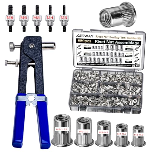 Image of ASKWAY Rivet Nut Tool Kit580pcs, Rivet Nut Silver Metric Combination (M8 /M6 /M5 /M4 /M3), Suitable for Furniture, Decoration, Automotive, Marine and Industrial Applications