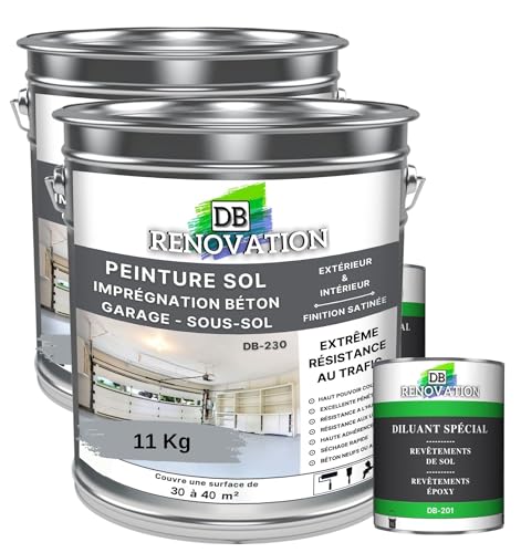 DB Rénovation PEINTURE SOL BETON Industriel - Garage, sous-sol - Extrême trafic intérieur, extérieur - Haute résistance - Gris fenêtre - Kit 11KG + 1L Diluant
