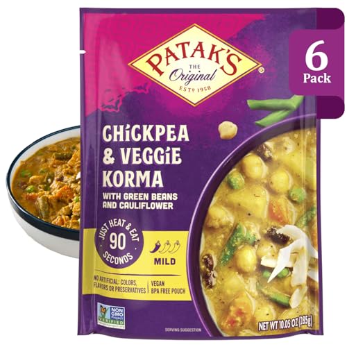 Image of Patak's Chickpea & Veggie Korma - Mild Creamy Coconut Based Indian Curry with Chickpeas, Green Beans & Veggies - Vegan Microwave Meal for Quick Dinners - Serve with Rice or Naan - 10.5oz (Pack of 6)