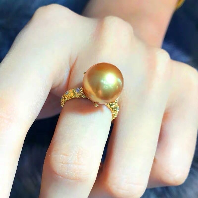 925 Sterling Silver Shiny Mother Shell Pearl 6 Claws AAA Zircon Ring Round Pearl Ring Platter Pearl Temperament Ring Ring Oversized Pearl Open Ring Engagement Wedding Anniversary Ring（Yellow)4