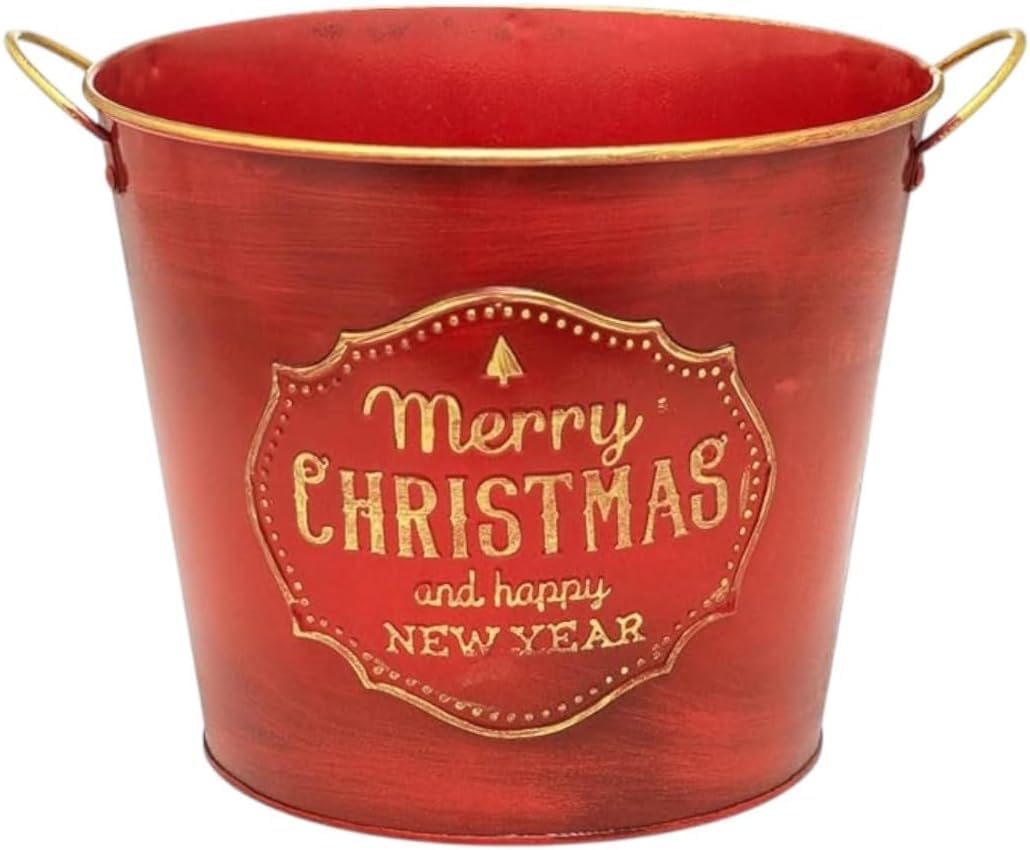 Divas World Christmas Tin Planter Pot – Decorative Red Metal Bucket with Handles – Rustic “Merry Christmas” Design for Holiday Plants & Festive Décor (2)
