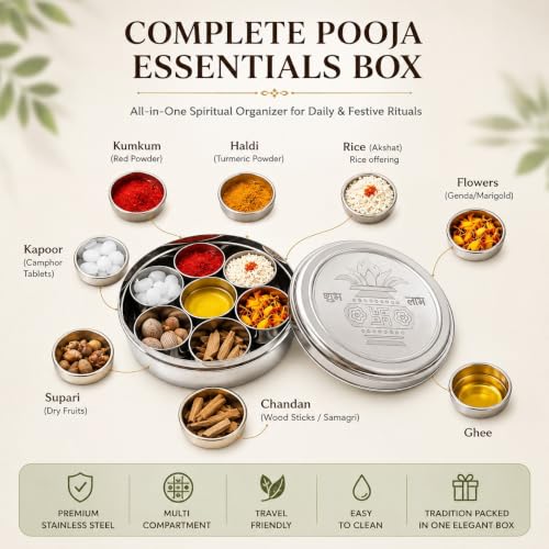 Image of Stainless Steel Round Pooja Box with 7 Containers