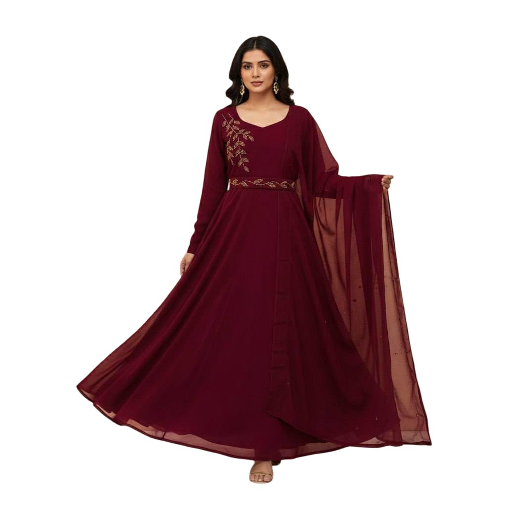 Women's Georgette Embroidered Anarkali Gown with Dupatta | Sleeveless Floor Length Ethnic Gown Set for Wedding Reception Engagement-image-36