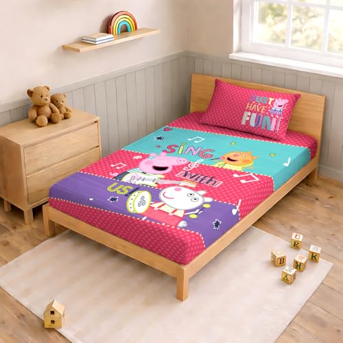 Image of Sassoon Peppa Pig (Sing) Digital Printed, Cotton Single Bedsheet, 300 TC, 1 Pillow Cover, Fade Resistant, Bedsheet for Kid's Bedroom, (1.50m X 2.35m)