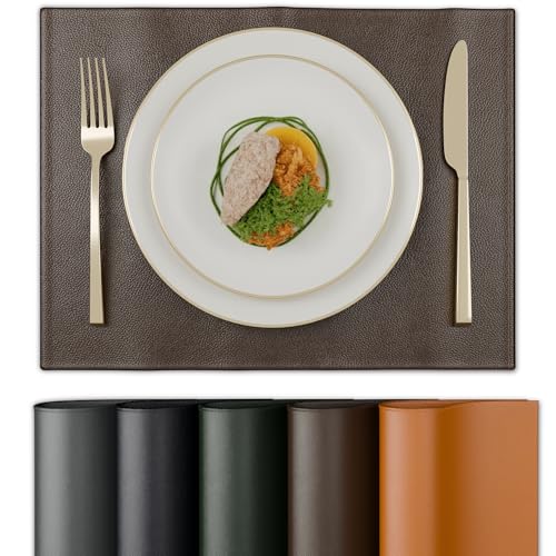 Image of Encasa XO Leather Dining Table Mats Set of 4 | Water Repellent & Heat Resistant Dining Table Mats | Washable & Easy to Clean Placemats for Kitchen Decor - 42x30 cm (Dark Brown)