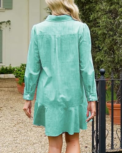 Image of YEXPINE Women's Tunic Mini Shirt Dress Cotton Linen Long Sleeve Button Up Ruffle Hem Loose Casual Summer Pockets Shift Dress