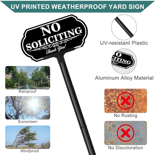 Image of No Soliciting Sign for House, 10 x 5 Inch Aluminum No Soliciting Yard Sign with 37 Inch Adjustable Plastic Stake, Weatherproof Outdoor No Solicitors Sign for Front Yard, Doorway, Lawn, Home