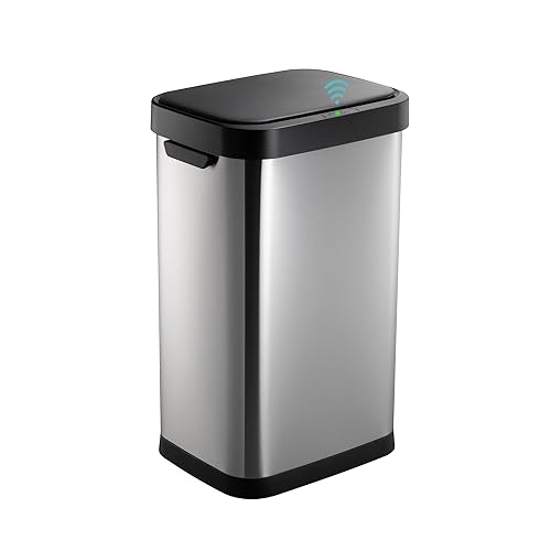Bote de basura de acero inoxidable con sensor sin contacto de 13 galones, diseño rectangular ancho, acabado cepillado, tapa automática para el
