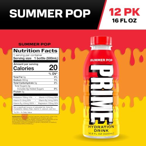 PRIME Hydration SUMMER POP, Sports Drinks with Coconut Water, Electrolyte Enhanced to Replenish Fluids, Zero Added Sugar, B Vitamins, Antioxidants, Made with Natural Flavors, 16.9 Fl Oz 12 Pack