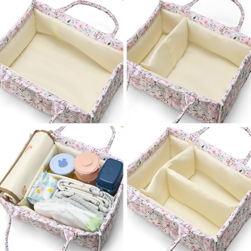 Image of Floral Baby Diaper Caddy Organizer - Stylish Water-resistent Nursery Storage Basket for Diapers and Baby Wipes, Diaper Stacker Car Organizer, newborn nursery Gift (Pink)