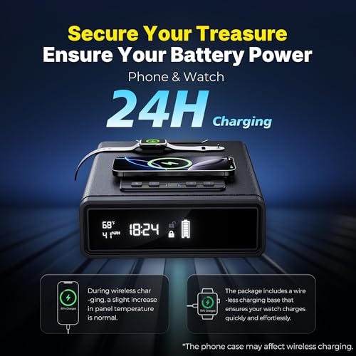 Image of ORARAER Biometric Gun Safe with Wireless Charging, 12-Hour Clock Display & Adjustable Brightness, Bedside Pistol Safe with Fingerprint, Backup Key, LED Light & Humidity Monitor，Ideal Gift for Men
