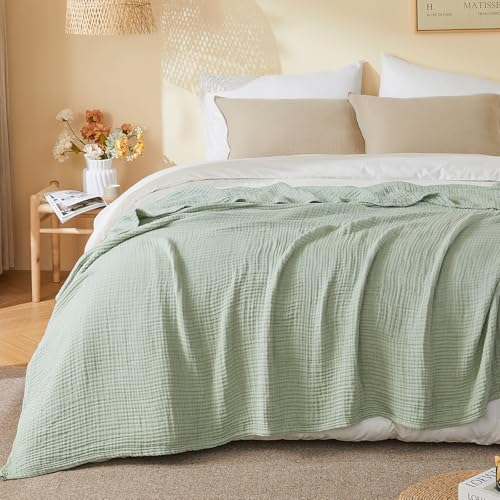 EMME Cotton Muslin Large Throw Blanket Couch Breathable Gauze Soft Lightweight Bed Blankets Adults (Heather Sage Green, 50"x70")