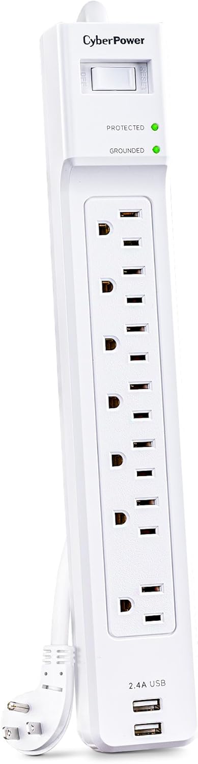 CyberPower P704URC1 Surge Protector, 7 Outlets, 4 ft Cord, 2000 Joules, 2 USB-A Charging Ports, Right‑Angle Plug, Wall‑Mountable, White