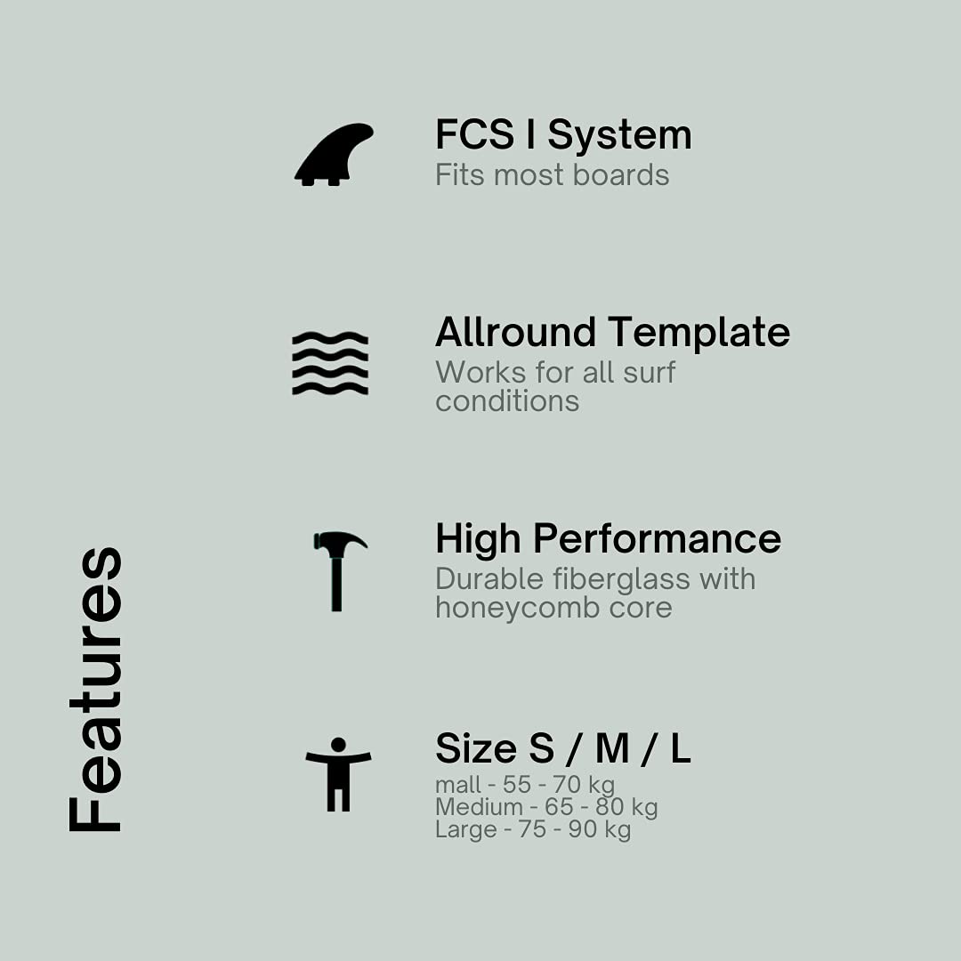 Surfboard FCS Fiberglass Honeycomb Fin Thruster Set mit Fin Key (Größe Small/Medium/Large) - Finnen Flossen für Surfbrett und SUP