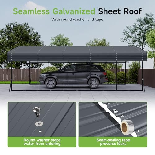 Image of Real Relax 13' x 26' Metal Carport, Heavy Duty Carport with Galvanized Steel Roof with Metal Frame, Extra Long Outdoor Garage Car Shelter Shade for SUV Trucks and Boats, Gray