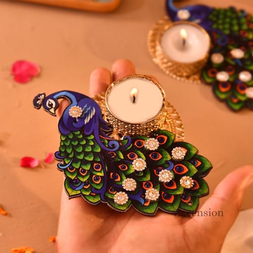 Image of Ascension Decorative Peacock Tealight Candle Holder Stand Set of 2 Mor Design Reusable Diya for Diwali Floor Rangoli Decorative Items for Gifting Indoor Outdoor Diwali Decoration Home & Office Decor