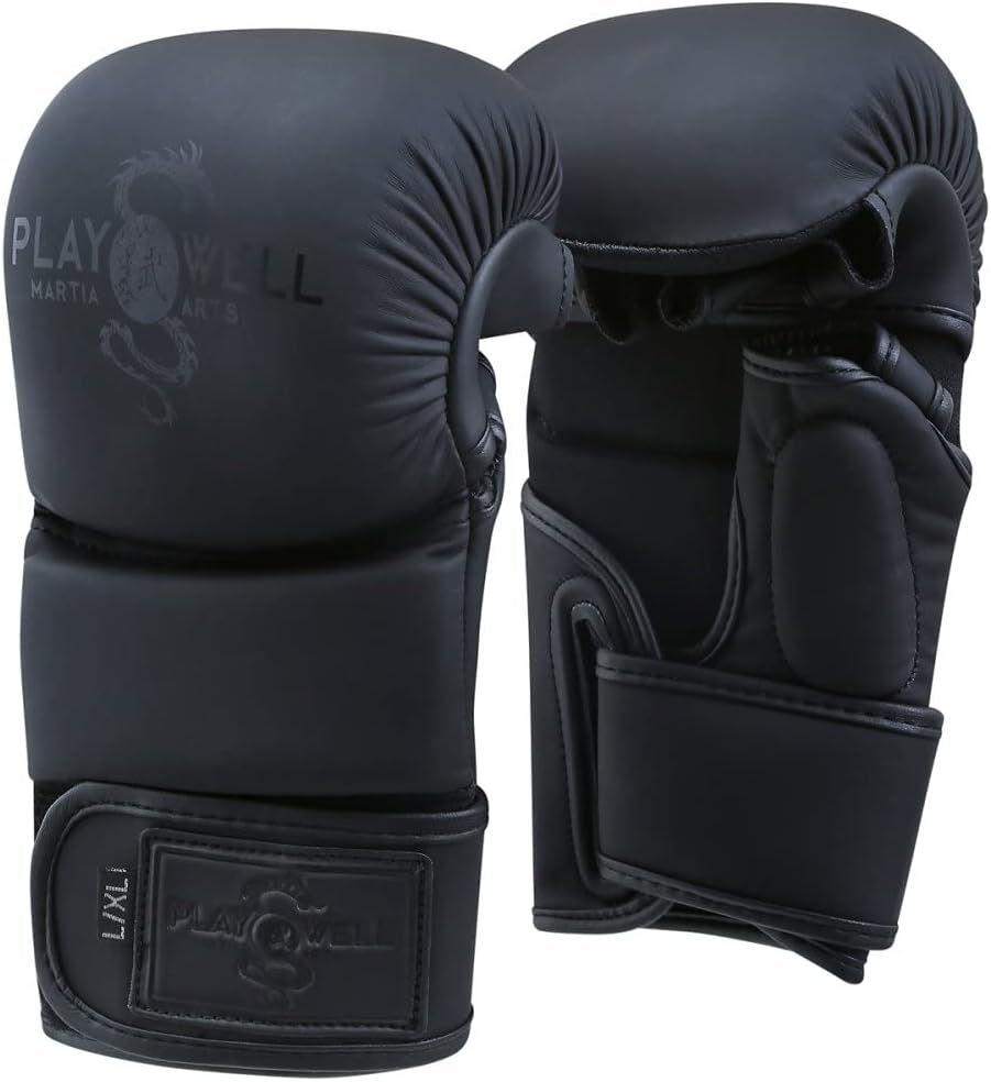 Playwell Premium Range: Black Matte Series - Pro Series MMA Sparring & Grappling Fight Gloves - 7oz - NEW