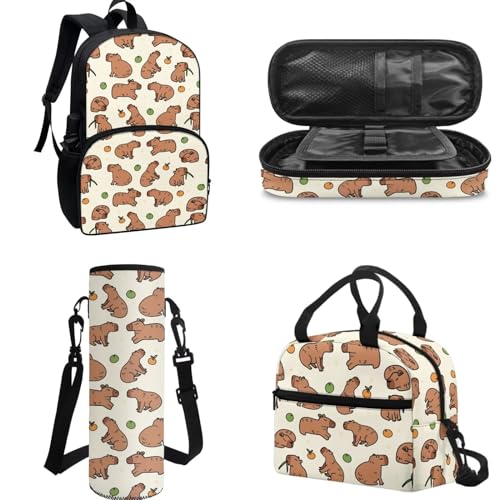 4Piece Personalized Cartoon Capybara Backpack Kids Schoolbag Sets with Lunch Box,Pencil Case Water Holder Sleeve Crossbody Bag for Boy Girl 9-10,17Inch Large Capacity Bookbag Casual Daypack3
