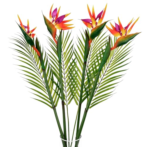 OBDXZHC 8 PCS Bird of Paradise Artificial Plant Combo Palm Leaves 4 Faux Bird of Paradise Plant with 4 Artificial Palm Leaves for Wedding Garden Office Home Indoor and Outdoor Decor(Orange)