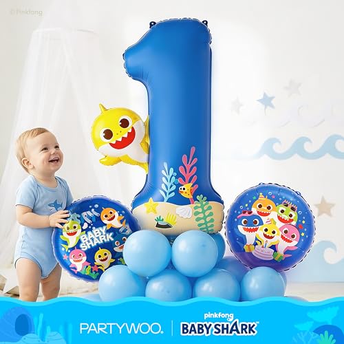 Image of PartyWoo Baby Shark Blue Foil Number 1 Balloon 5pcs 40 18 Inch Blue Round Star Mylar Helium Birthday Balloons for Boys and Girls Baby Shark Under the Sea Ocean Kids First Birthday Party Decorations