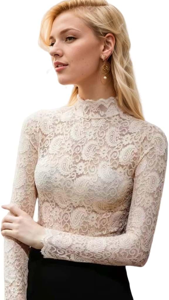 Women's Sexy Slim Fitting Long Sleeved Turtleneck Pullover Bottom Shirt Mesh Lace Perspectives T-Shirt Top - Image 3