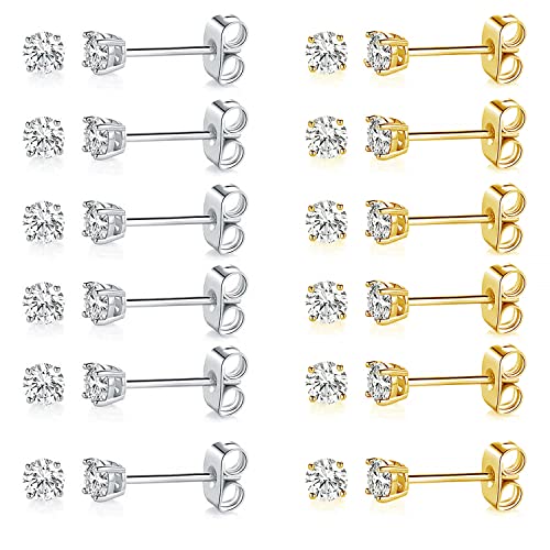 MDFUN Hypoallergenic CZ Stud Earrings Set for Women/Men,6 Pairs 18K Gold Plated Round 3-8mm Clear Cubic Zirconia Earring Pack Jewelry Gift