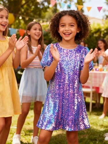 Image of WELAKEN Girls Ombre Sequin Dress Sparkly Fancy Short Puff Sleeves Gradient Party Dress