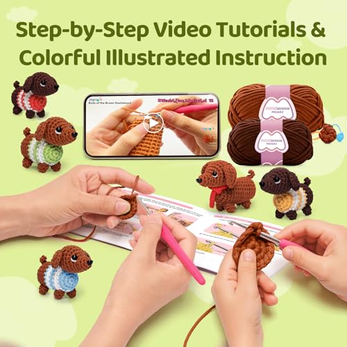 Image of Mewaii Crochet Kit for Beginners - 5 Easy Dachshund Dog Crochet Kits with Step-by-Step Video Tutorials, Pre-Started Yarn, 40% Extra Yarn, Beginner Crochet Kit for Adults & Kids