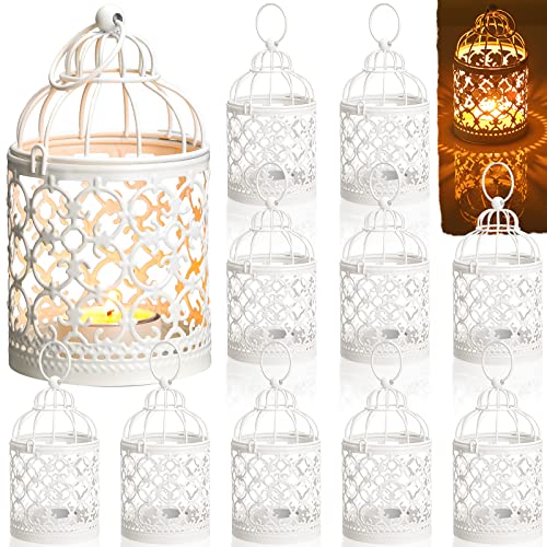 12 Pack Small Metal Tealight Hanging Birdcage Lantern Vintage Decorative Centerpieces Table Top Candle Holder Candle Lantern for Wedding Gifts Home Dinner Party Christmas (White)