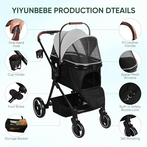 Image of 3-in-1 Foldable Pet Stroller for Dogs & Cats, 33lbs | All-terrain 7 inch /10 inch wheels | Compact storage | Storage basket | Breathable linen | Cup holder & rear brakes