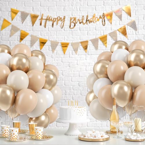 Image of BAUANOOY Neutral Balloons, 60pcs 12 Inch Nude Balloon Beige Balloons White Sand Metallic Gold Latex Balloon for Bridal Baby Shower Wedding Gender Reveal Birthday Party Decorations