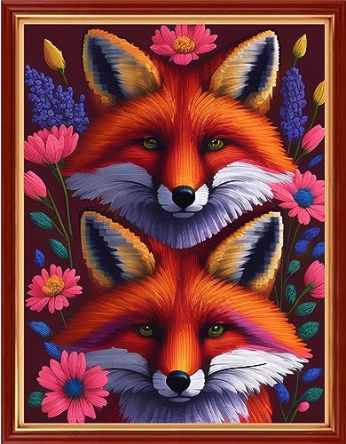 Image of Dimensean Stamped Cross Stitch Kits Full Range of Embroidery Patterns Starter Kits for Beginners Adult DIY Cross Stitches Needlepoint Kits 11CT-Fox Flower 15.7x19.7 inch